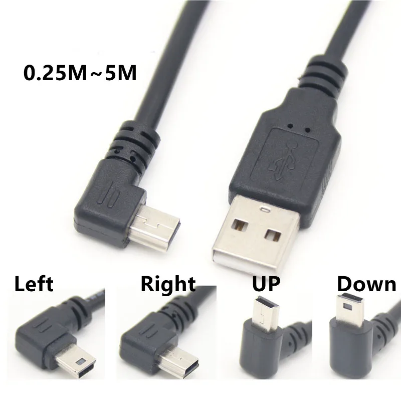 Ligne de données mini usb coudée à 90 degrés haut et bas coude gauche et droit port T V3 mini câble de chargement miniusb