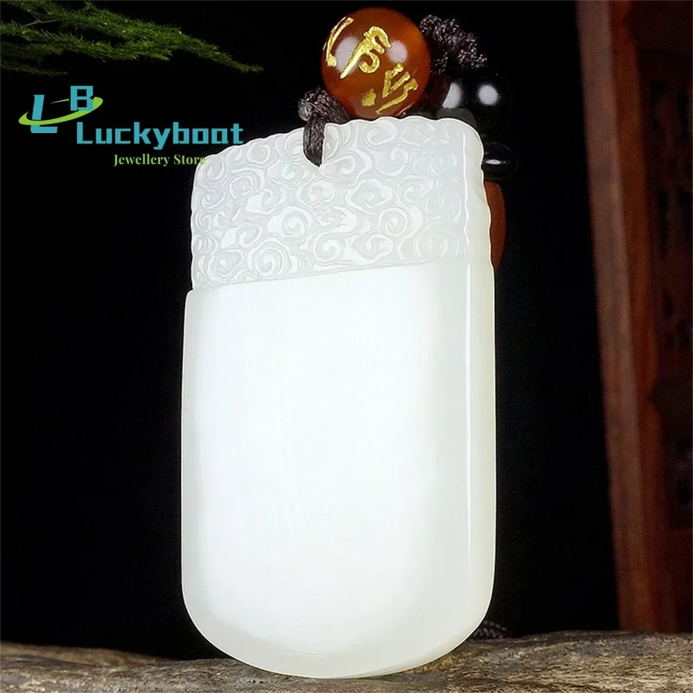 Natural Xinjiang Hetian Jade Safe And Sound Brand Carved Auspicious Cloud Jade Pendant Gift Jewelry Necklace