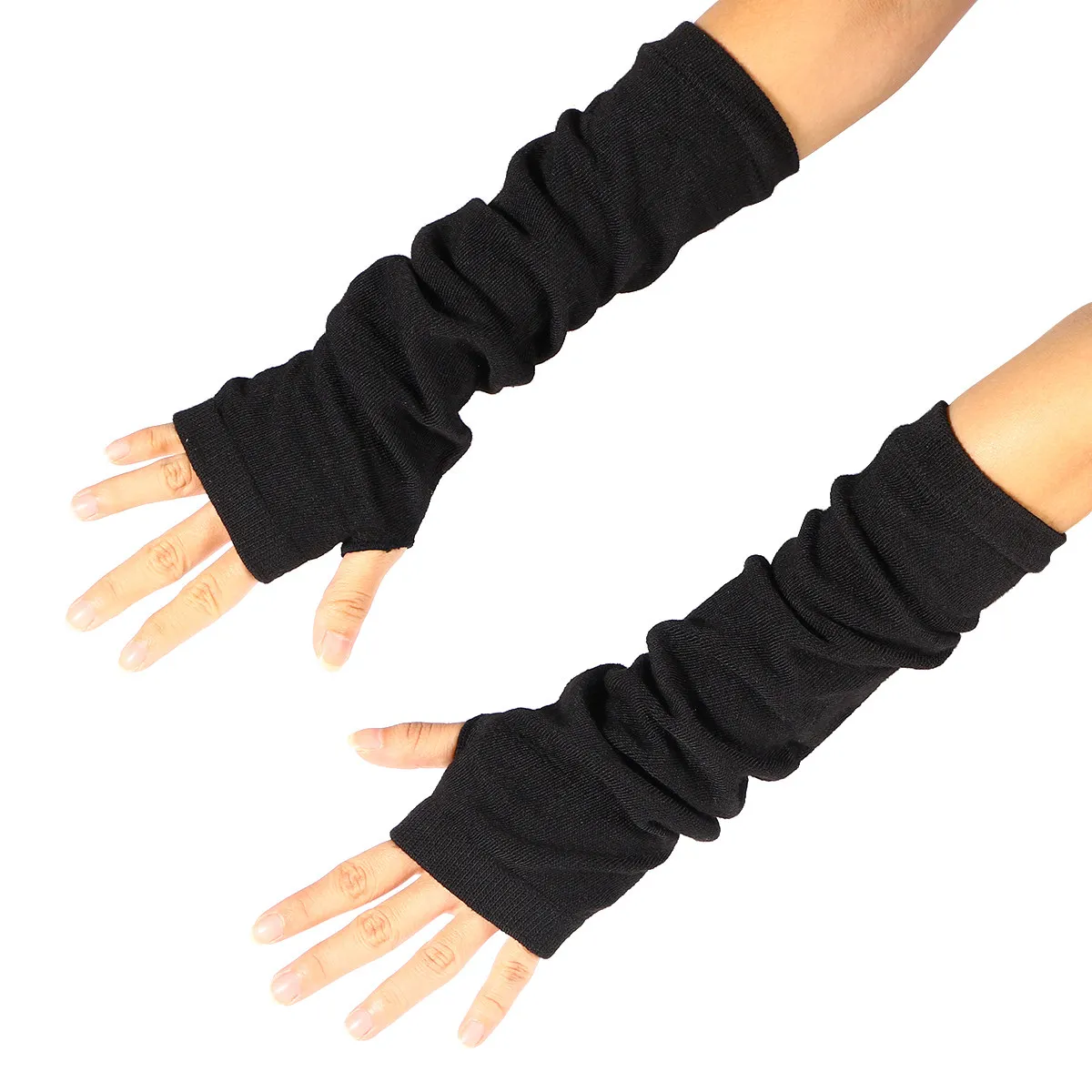 Women Fingerless Knitted Winter Gloves Long Arm Sleeves Warm Soft Breathable Thumb Hole Design for Daily Wear Outdoor Gift Black
