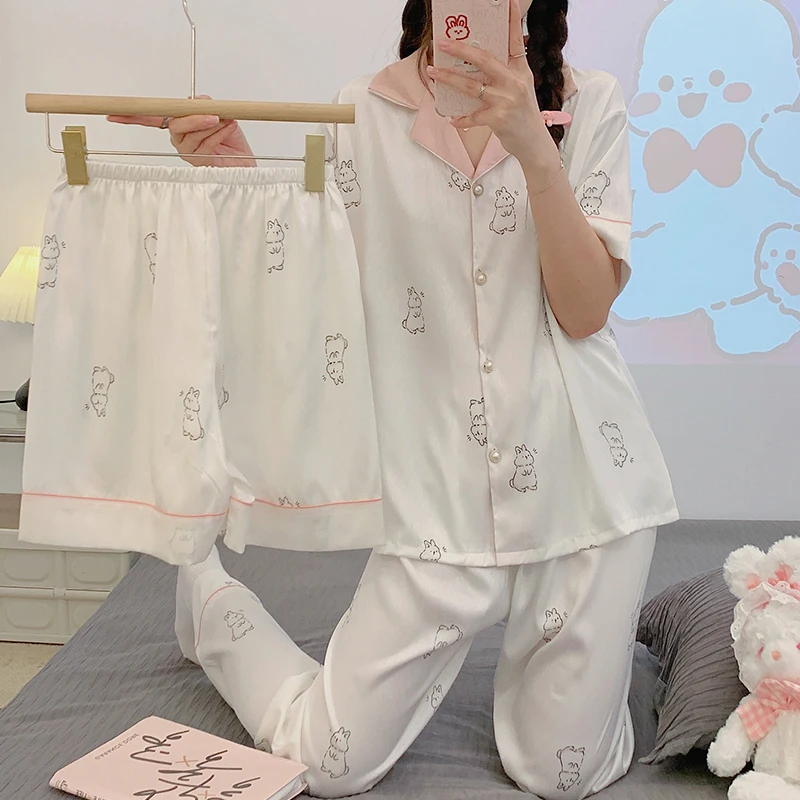 3Pcs Pajama Sets Women Summer Cute Sweet  Rabbit Sleepwear Soft Comfortable  Faux Stain Loungewear Tender Girlish Cozy Homewear