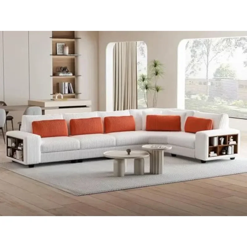 Sectional Couches for Living Room, L-Shaped Sofa Couch with Softe LambWool Fabric, Withe Pillows and Cushions,5 Seat Sofa Set