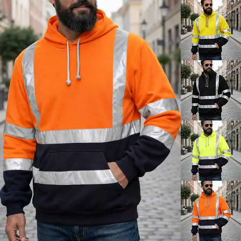 B&C Hi Vis Reflective Hoodie with Safety Stripe and Kangaroo Pocket for Men Outdoor Work Daily