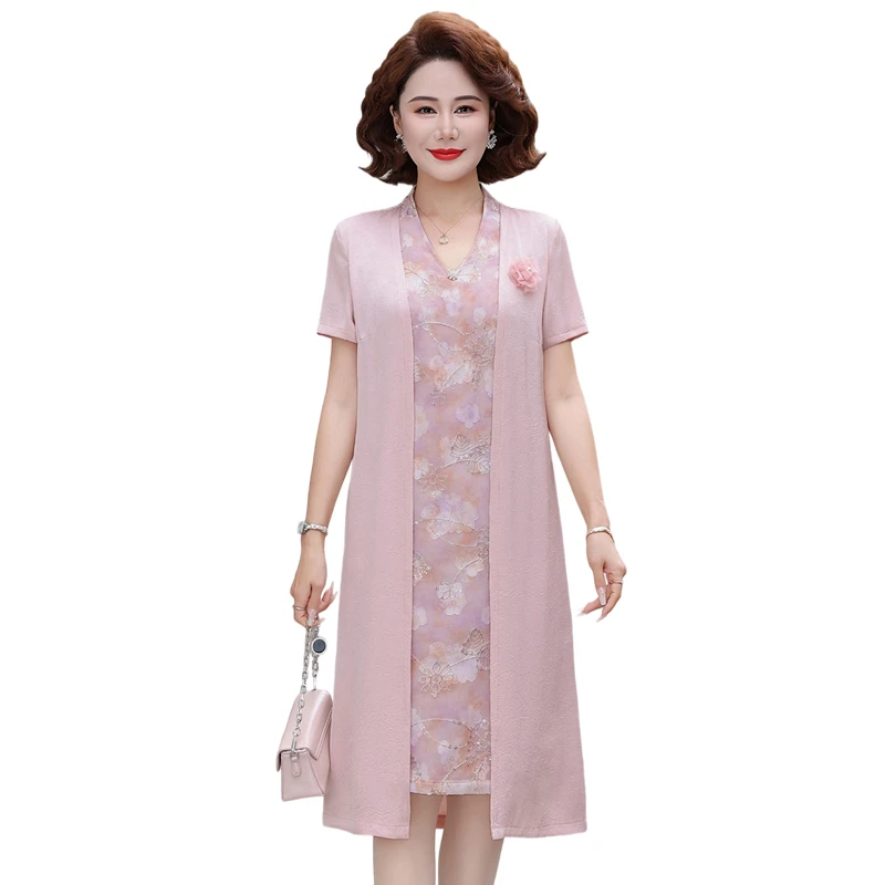 

Office Lady Dresses Fake Two Pieces Fashion Patchwork Summer Short Sleeve Chic Female Loose A-Line Midi Dress