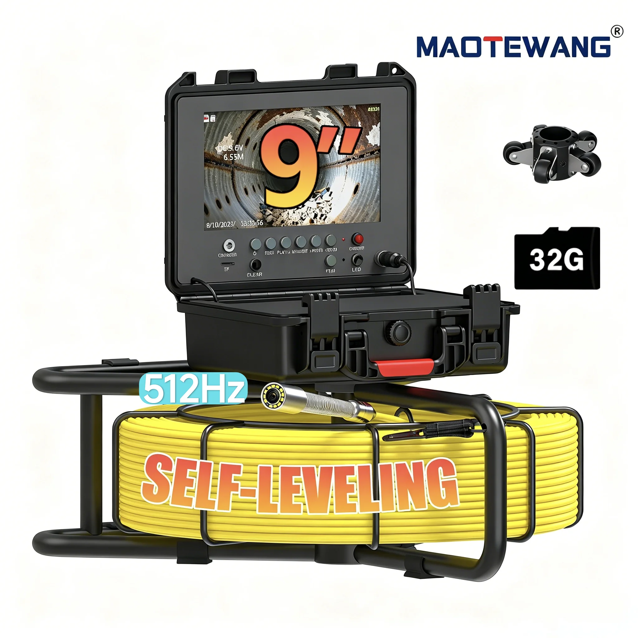 Sewer Inspection Camera, 512Hz Self-Leveling Camera with Meter Counter, IP68 Waterproof Sewer Endoscope 12Pcs LEDs 200ft