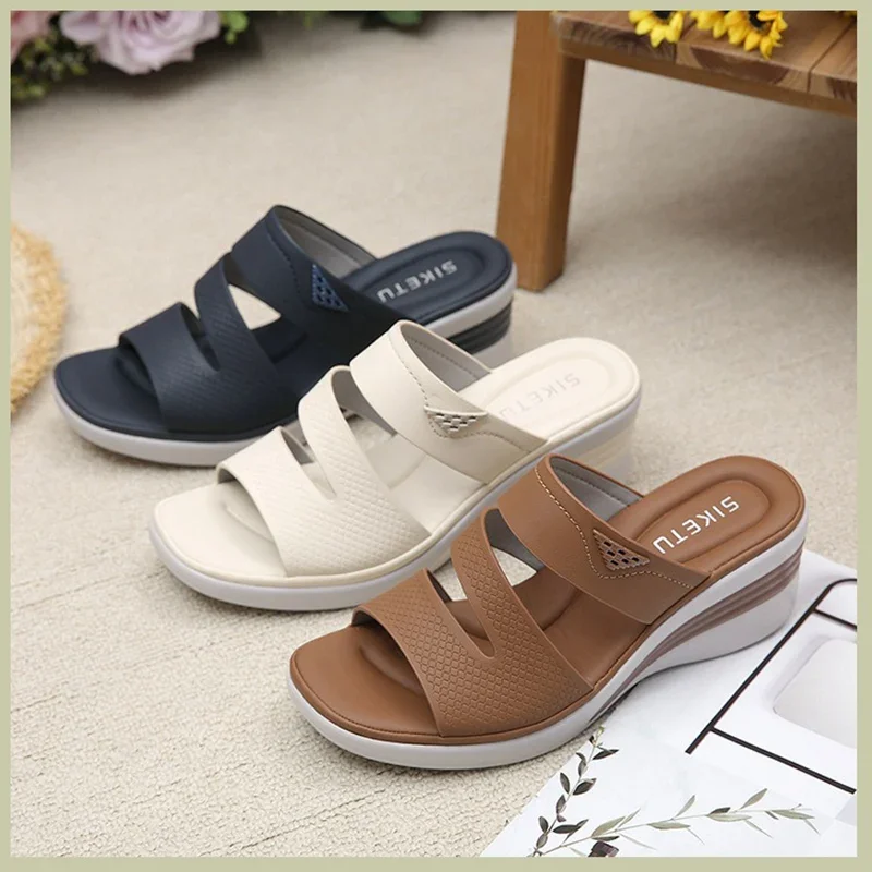 Summer Women 2 Platform 6cm Wedges High Heels Slippers Female Versatile Slip on Concise Mules Lady Casual Fashion Beach Slides