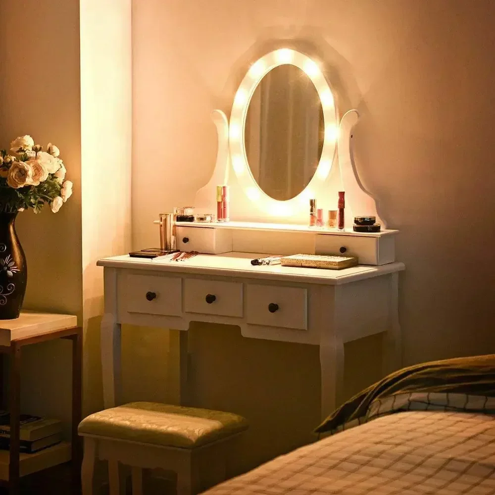 Makeup Vanity Table with 360° Rotating Mirror, Detachable Top, 12 LED Lights, Multi-functional White Desk Set