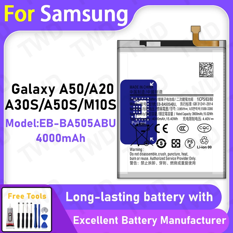 

100% New 4000mAh EB-BA505ABU Battery For Samsung Galaxy A50/A20/A30S/A50S/M10S Battery Replacement Bateria+Free Tools