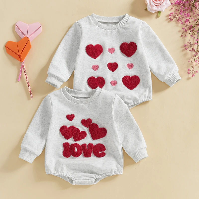 Baby Boy Girl Bubble Romper Valentines Day Cloths Autumn Cute Heart/Letter Embroidery Long Sleeve Pullover Jumpsuit for Infants