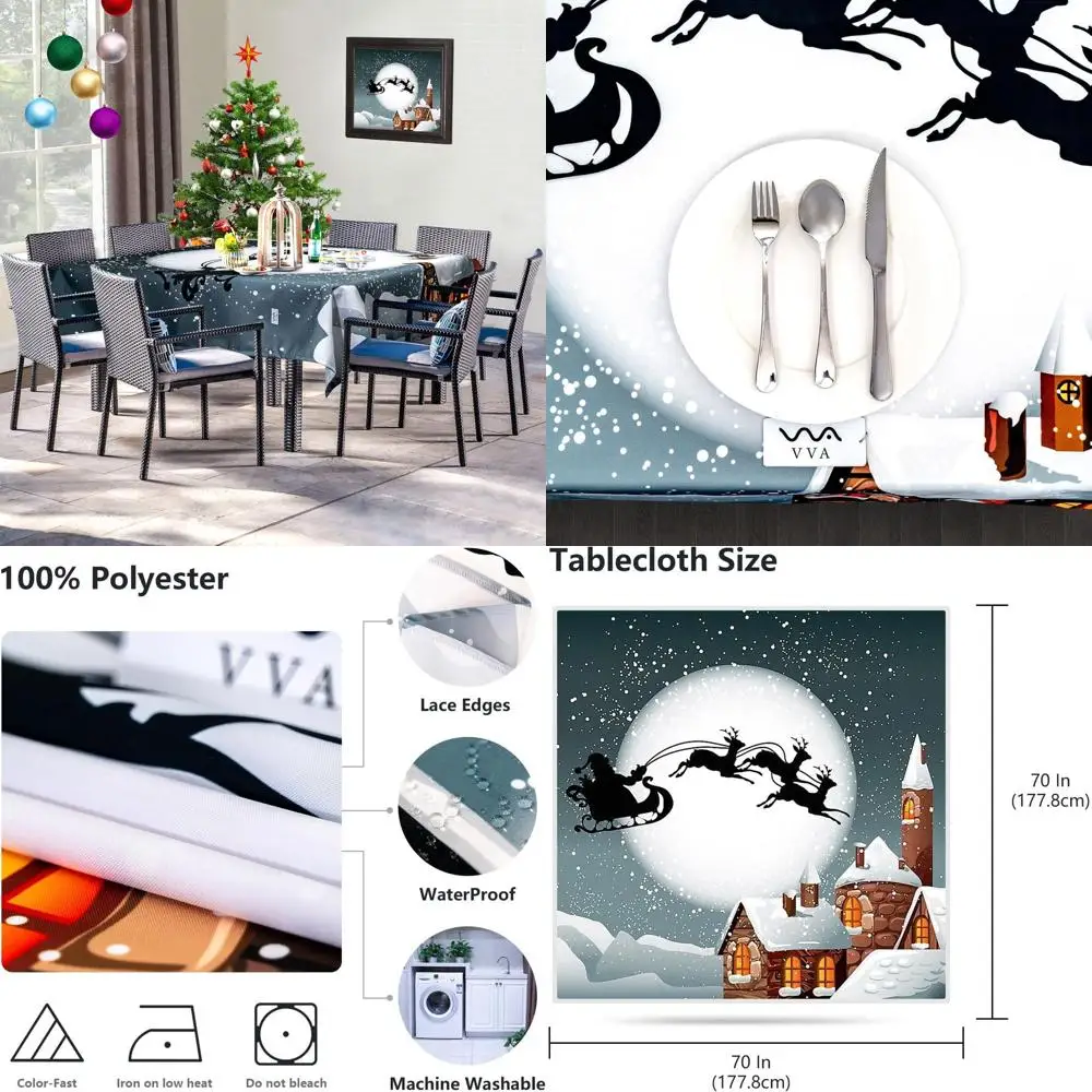 

70 Inch Santa & Sleigh Winter Christmas Tablecloth with Snow and Stars for Family Holiday Dinners