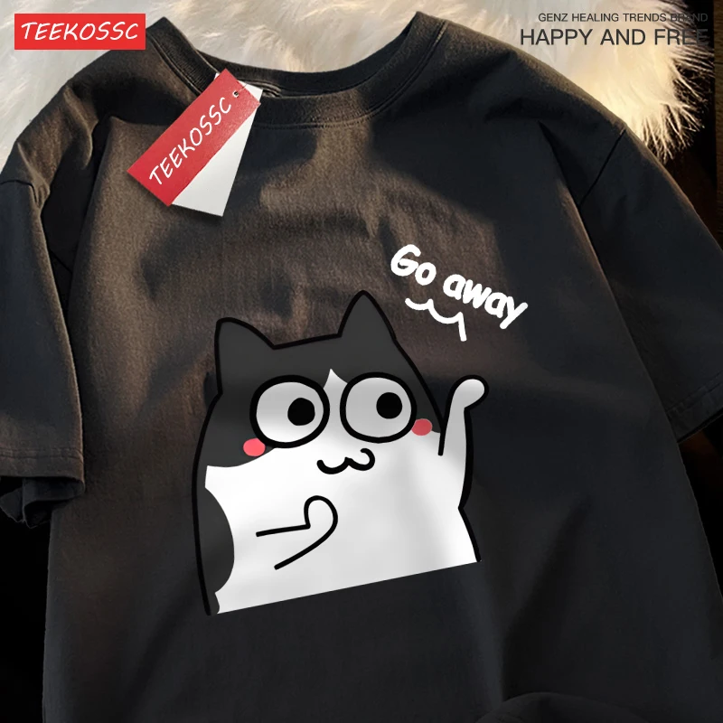 Go Away Cartoon-Katzen-Print Herren T-Shirt Sommer Casual T-Shirts Vielseitig Kombinierbar Rundhals-Oberteile Übergroß Weich Modisch Männliche Streetwear