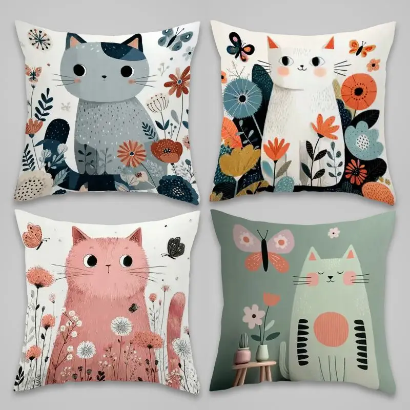 Whimsical Cat and Floral Print Pillowcase Cover Throw Pillow Decorative Cottagecore Art Bedding Home Decor Gift for Nursery