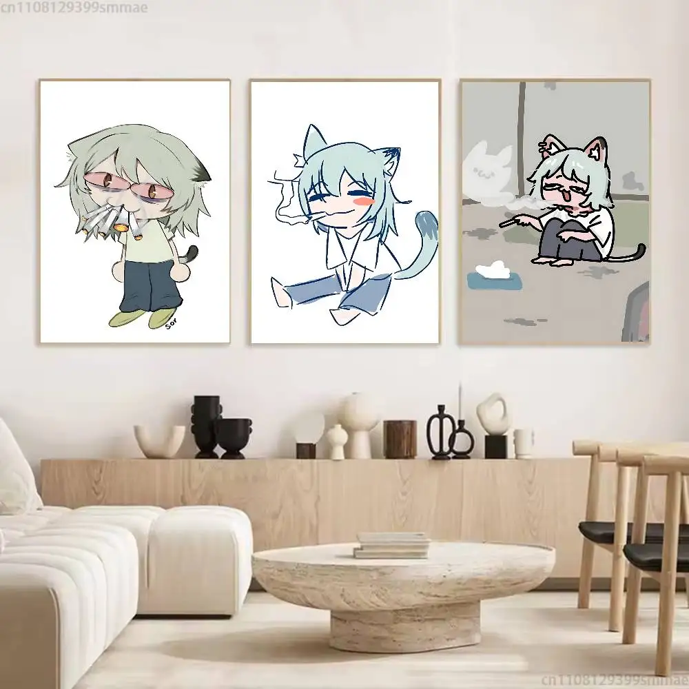 Chainsmoker Cat Anime Poster Fancy Poster Wall Sticker for Living Room Bar Vintage Decorative Painting