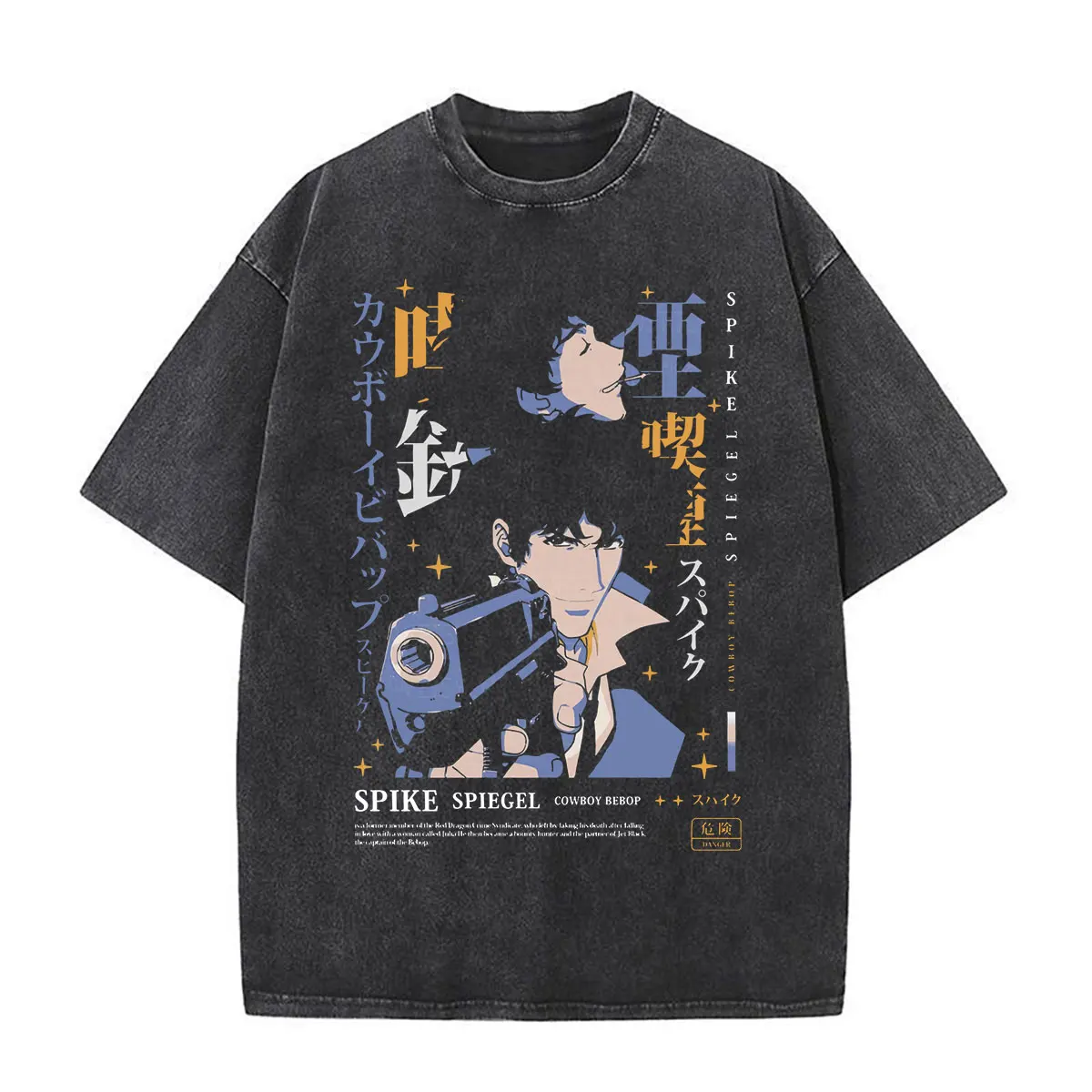 Anime Cowboy Bebop Spike Spiegel Washed T-Shirt für Herren und Damen Vintage Mode Kurzarm Oversized T-Shirt Streetwear – Detail 5