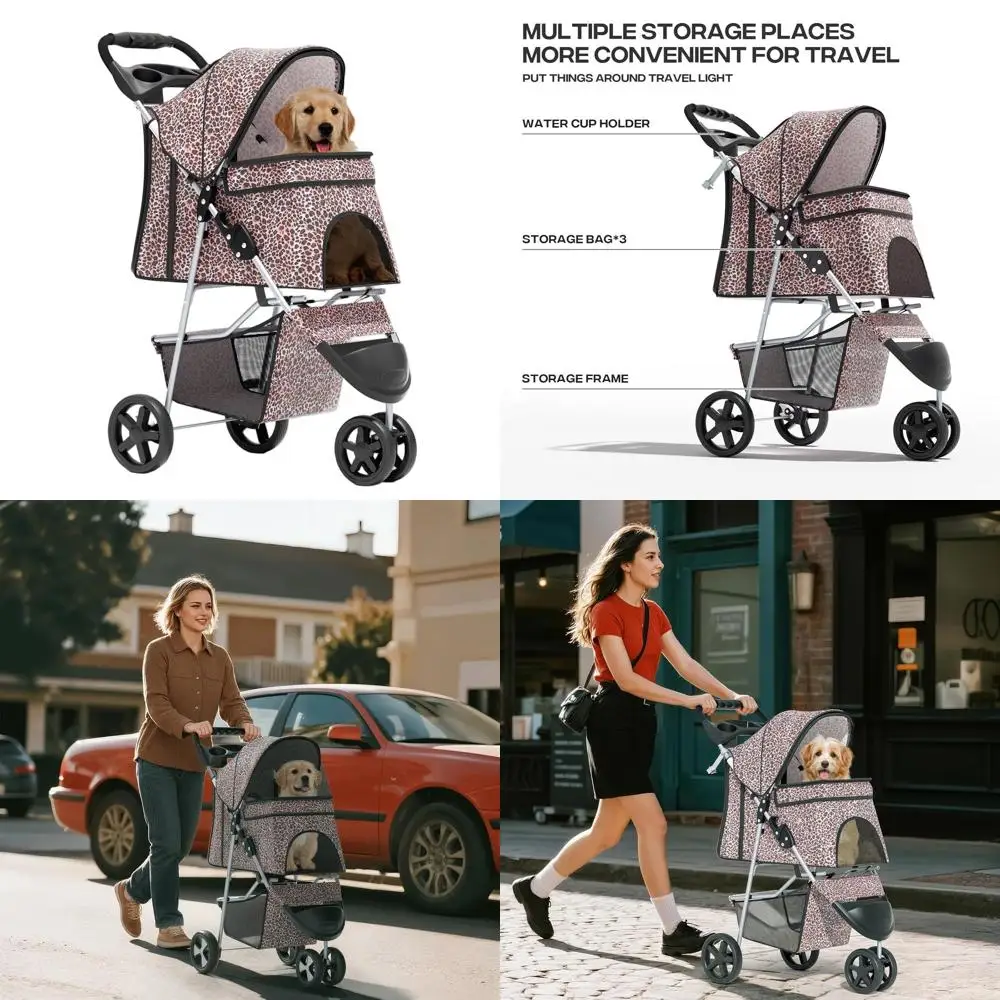 

Компактная 3-колесная коляска для домашних животных (для собак до 30 фунтов, кошек или щенков) с корзиной для хранения и подстаканником, леопардовый принт