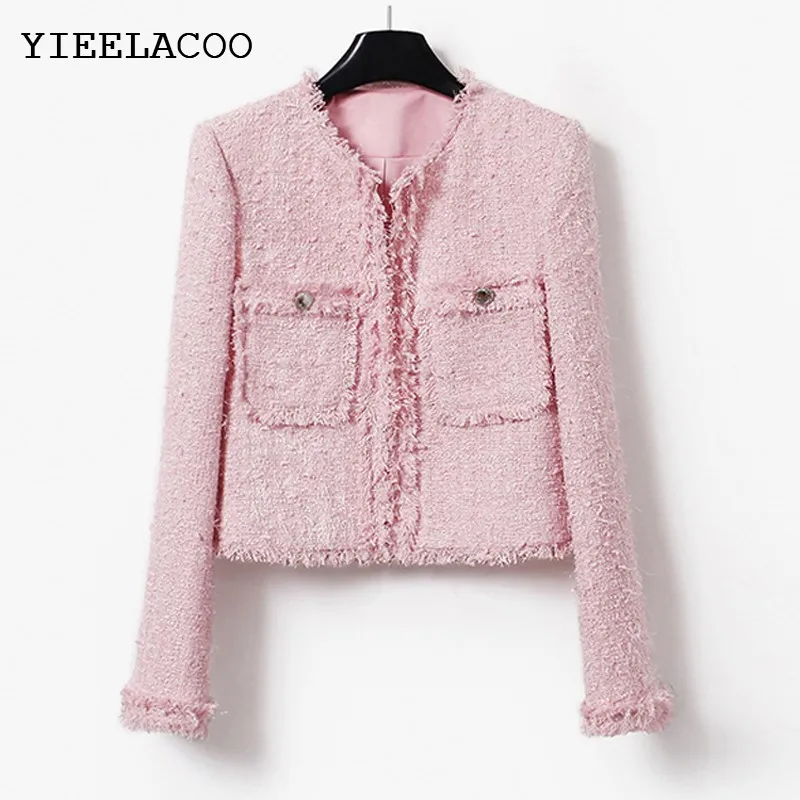 

Pink jacket tassel tweed jacket, small fragrant style high-end round neck top Classic women's jacket