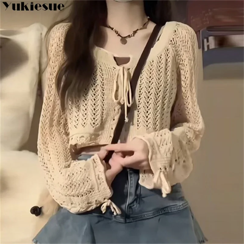 

Round Neck Knit cardigan Outerwear Women T-shirt 2023 Spring Korean Edition New Style Lazy Sweet Loose Long sleeve Top Cover up