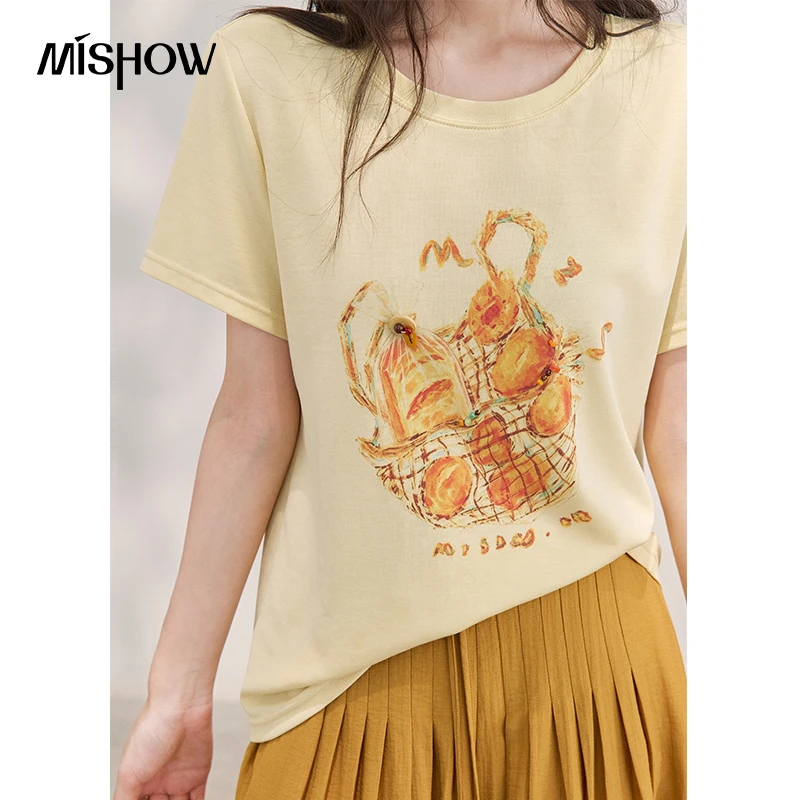 MISHOW Casual Round Neck Bread Printed T-Shirt 2026 Summer Hand Drawn Beading Loose Sweet Basic Tee Top For Women MXF29T1686