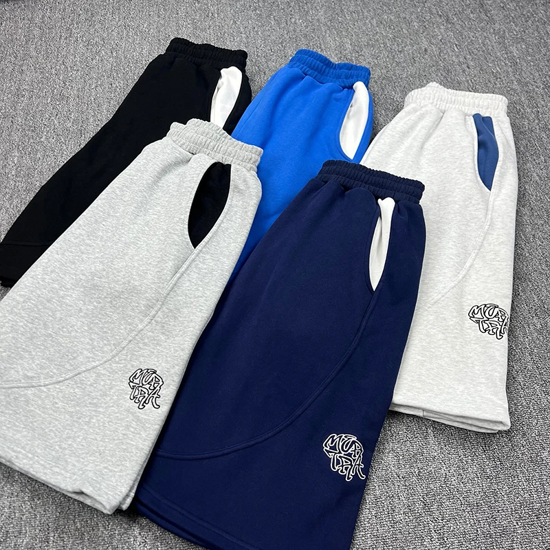 High Street Mens Elastic Waist Loose Mertra Sweatpants Contrast Color Pocket Embroidery Sports Shorts Summer Y2K Streetwear