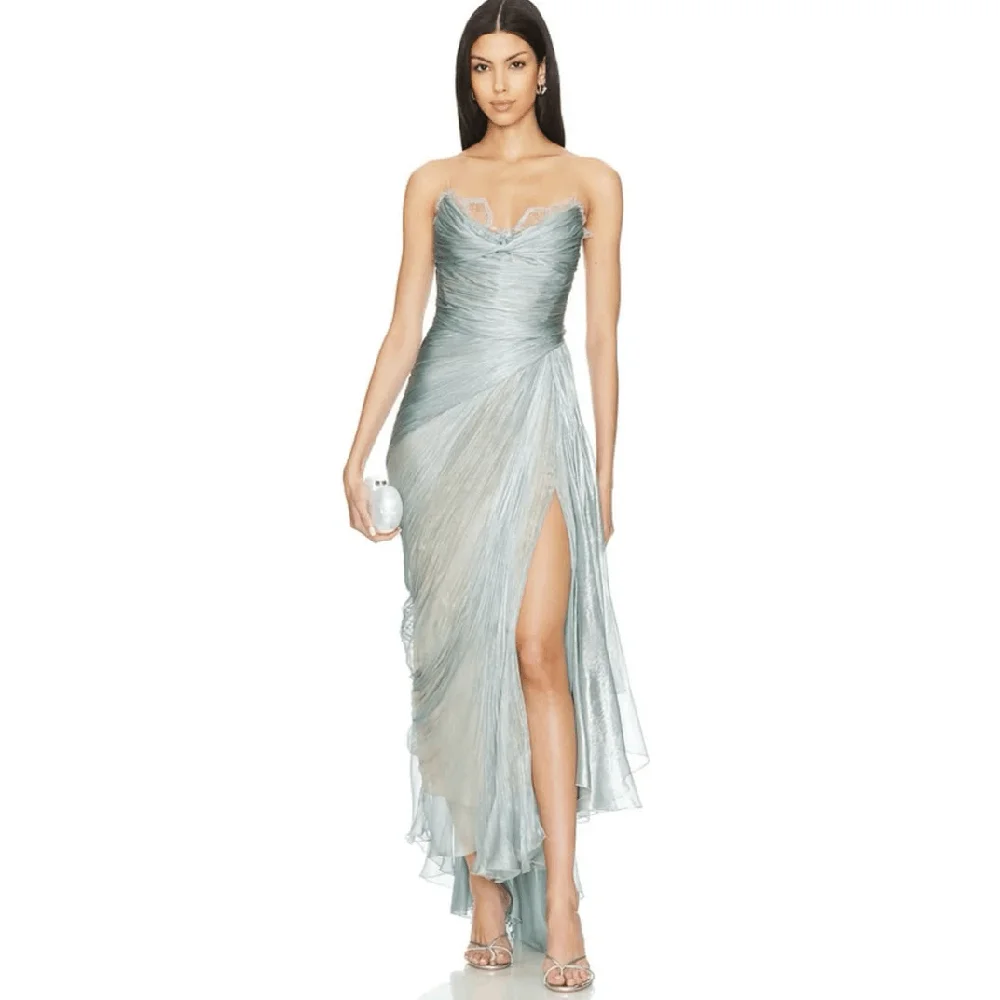 Modern Style Simple Prom Party Dresses Women Strapless Sleeveless Tea Length Banquet Celebrity Female Gowns Backless Sexy Vent