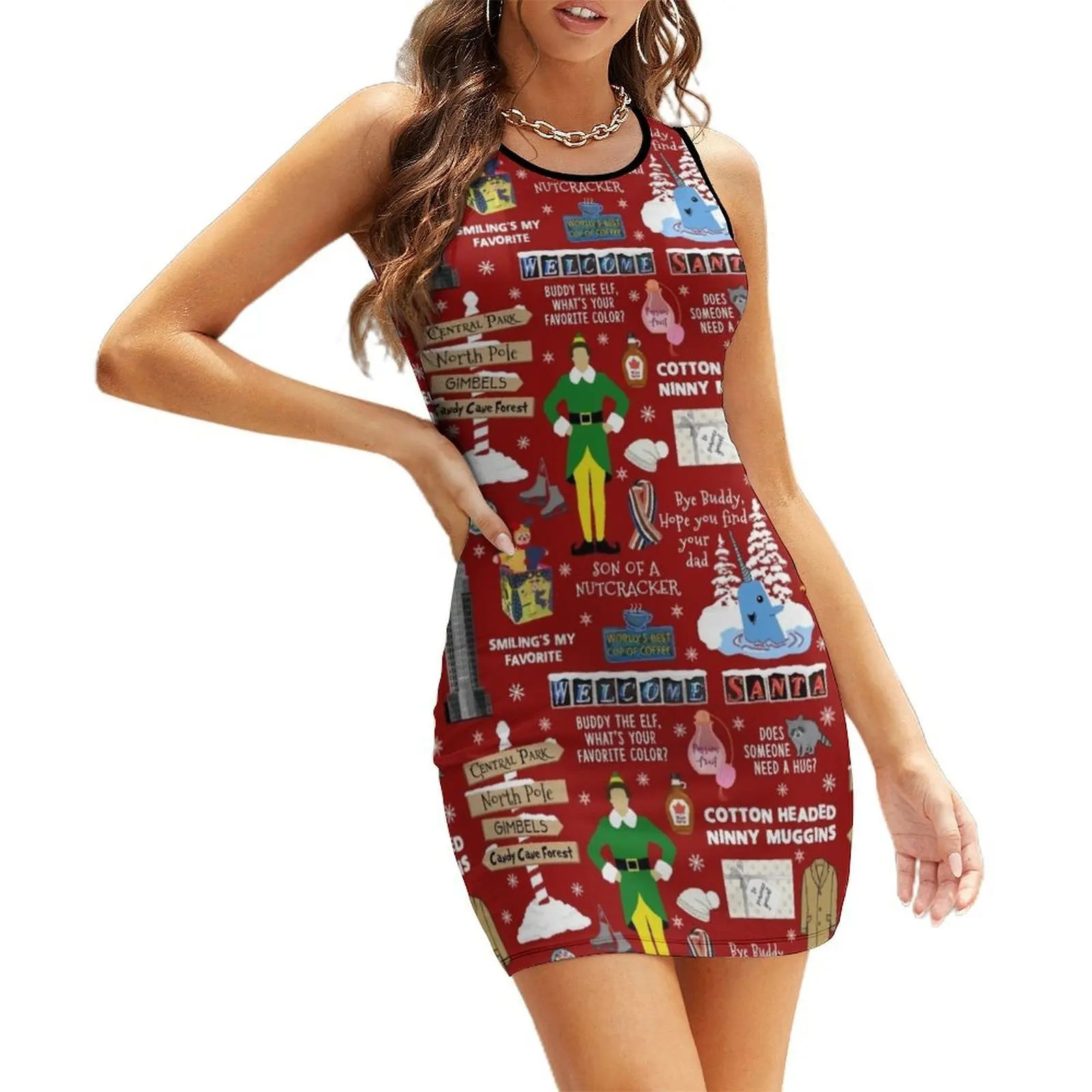 

Buddy the Elf collage, Red background Sleeveless Sundress summer dress women 2025 Party dresses dress for women cocktail dresses