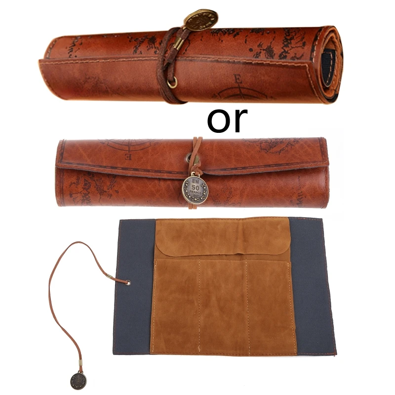 Creative Roll Up Leather Pencil Pouch Pirate Treasure Map Pattern Pen Case Makeup Brushes Holder for School Work Office 