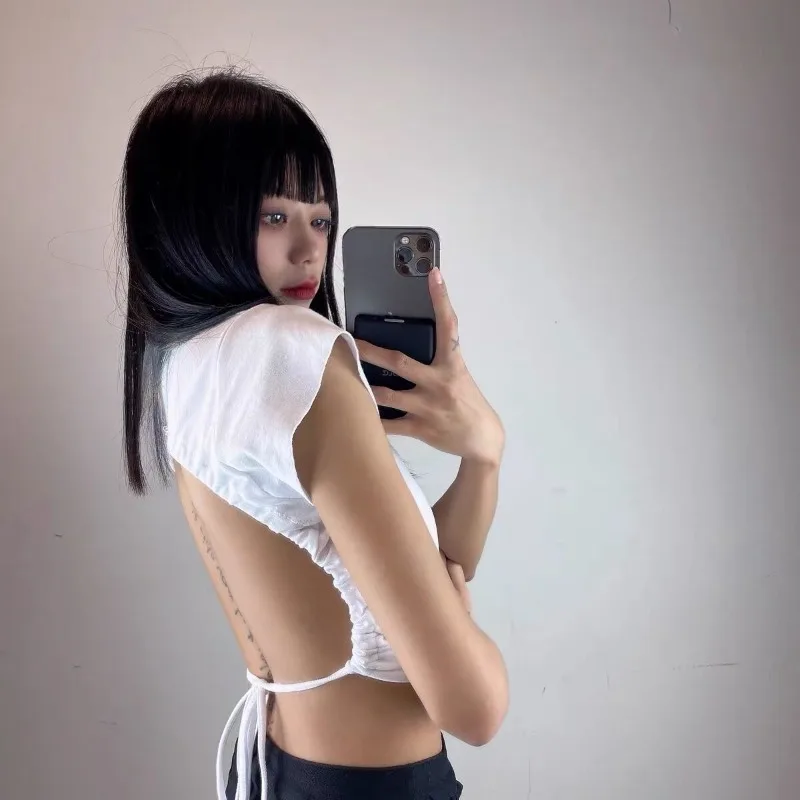 Damen High-Neck Oversized Rückenfreies Träger-Cropped-T-Shirt Mädchen Sommer-Top Figurbetontes Kurzarm-T-Shirt für Studentinnen