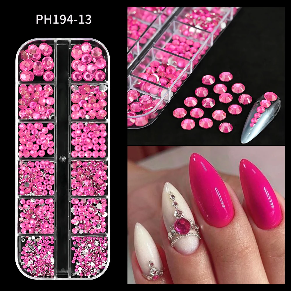 12Grids Rose red Rhinestones 3D Glass Crystal Gems SS4~SS16 Round Flat back Dazzling Diamond Nail Art decorations for Nail Salon