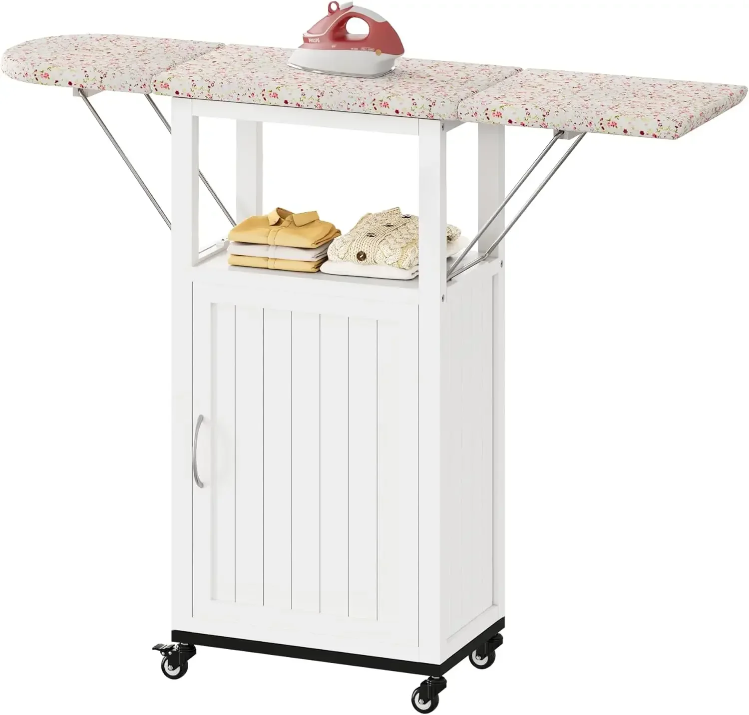 

Rolling Ironing Board with Storage Cabinet, Folding Ironing Board with Wheels, Craft Table with Storage, Wooden Fold Down Ironin