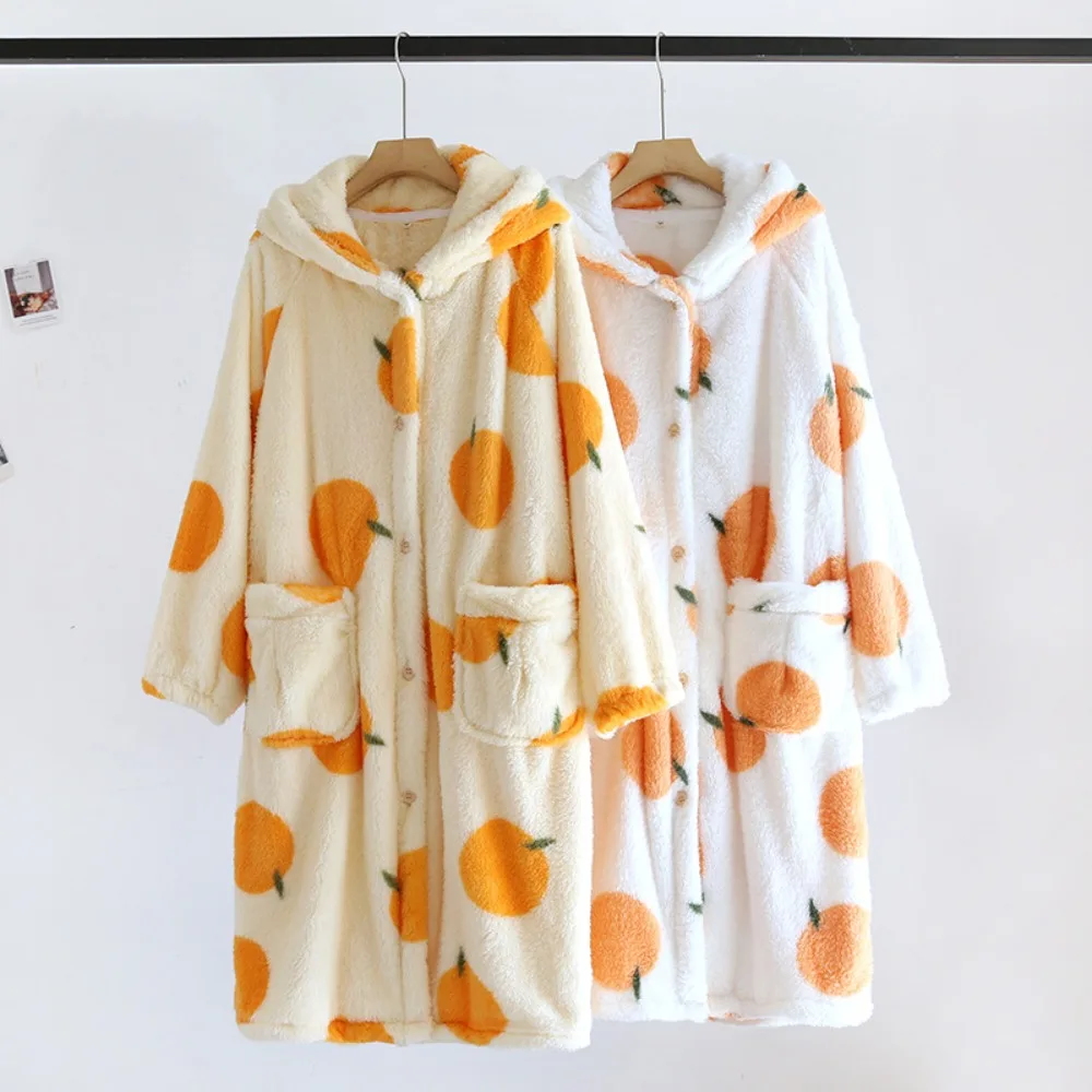 

Thickened Hooded Flannel Robe - Winter Plush Bathrobe for Women, Fleece Loungewear with Pocket, Warm Sleepwear Set