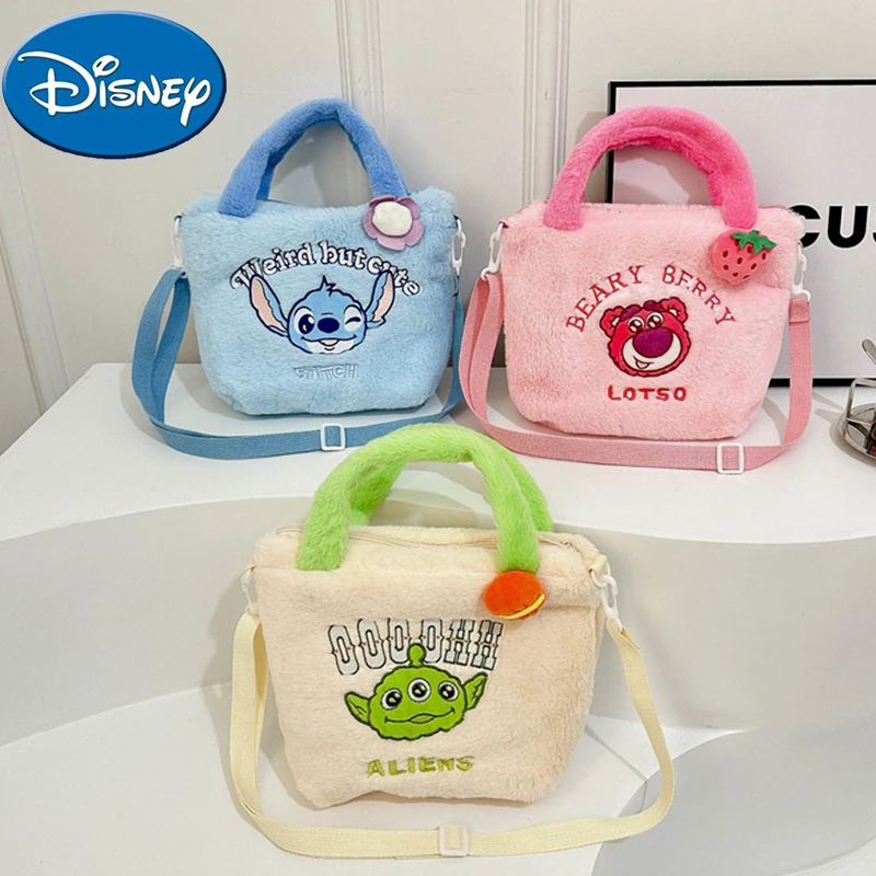 Disney Stitch Lotso Plush Messenger Bag Cartoon Strawberry Bear Alien Girl Handbag Anime Stuffed Toys Children Plushie Soft Bag