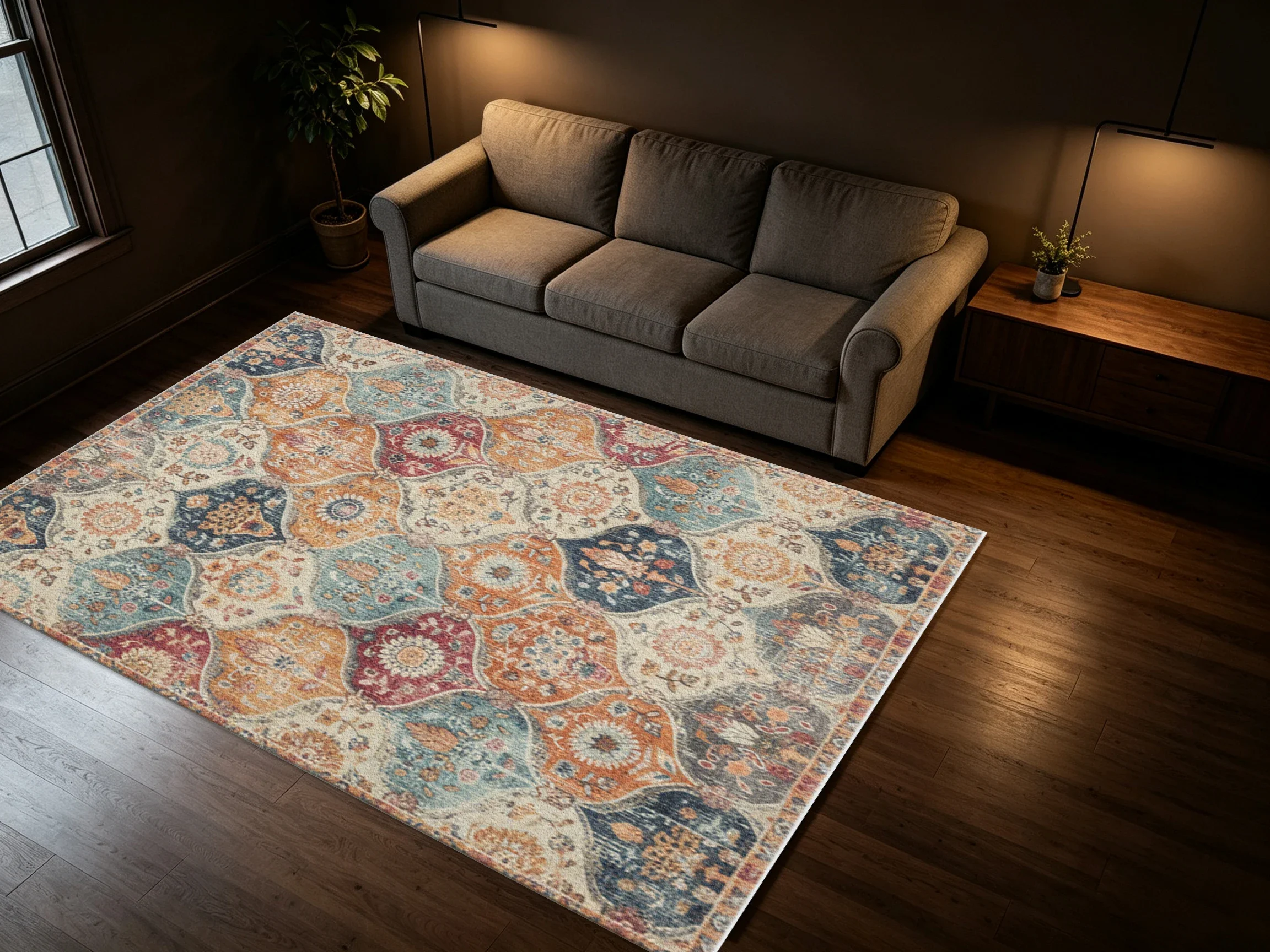Boho Vintage Floral Ogee Pattern Carpet Flooring, Non Slip Distressed Ethnic Area Rug for Indoor Home Decoration