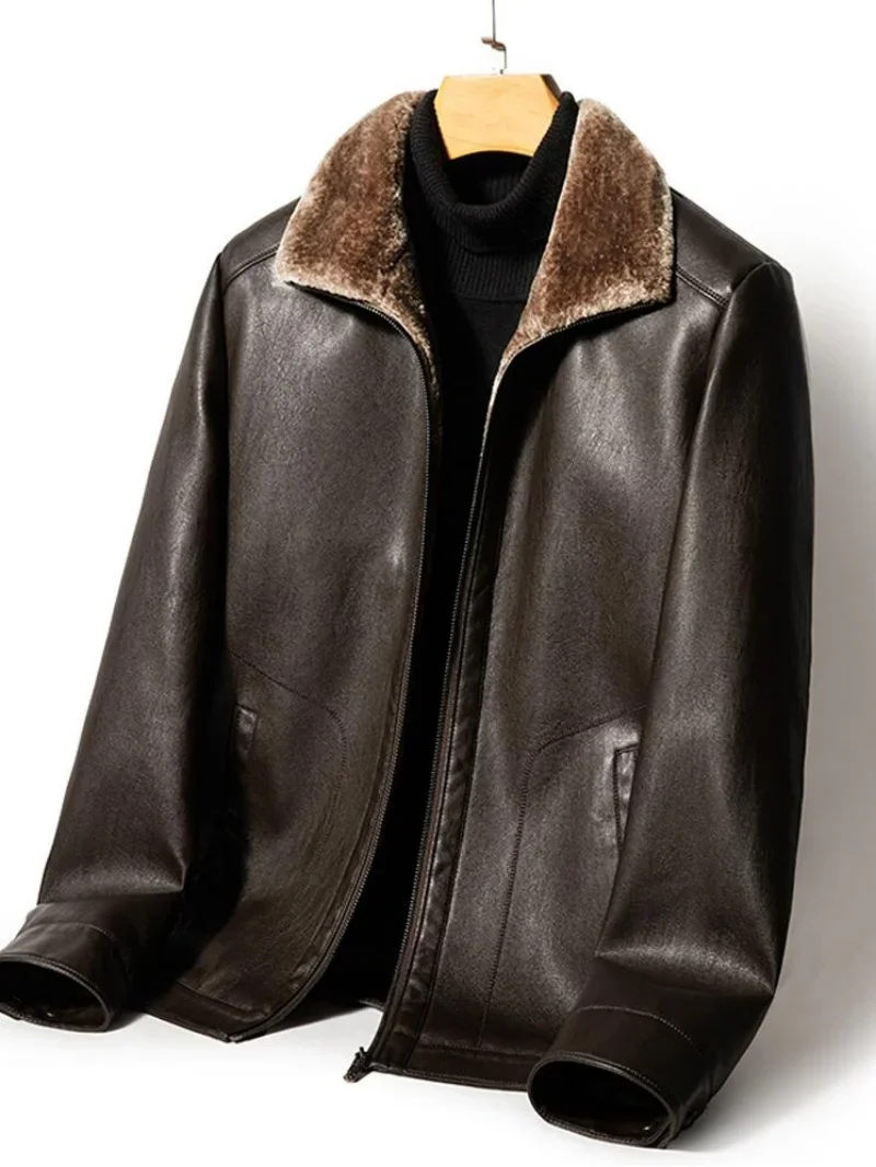 W-2367 Autumn/Winter Men's Sheep Leather Jacket Thickened Fur Integrated Casual Top Black Coffee Middle Aged Youth