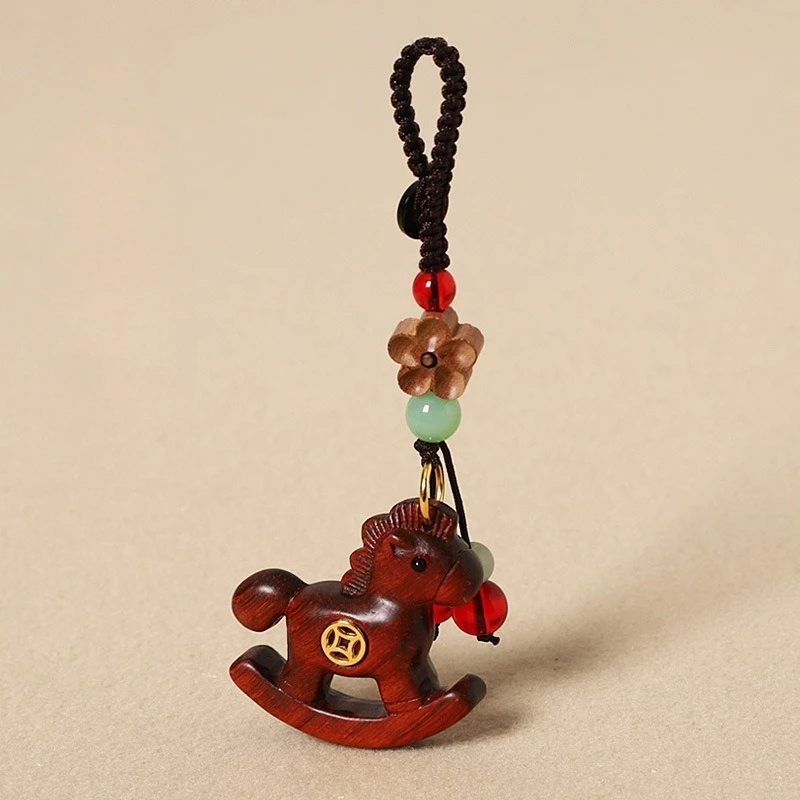 Creative Sandalwood Rocking Horse Keychain Figurines Cute Phone Strap Bag Pendant Lucky Get Rich Soon Charm Gift Home Decoration