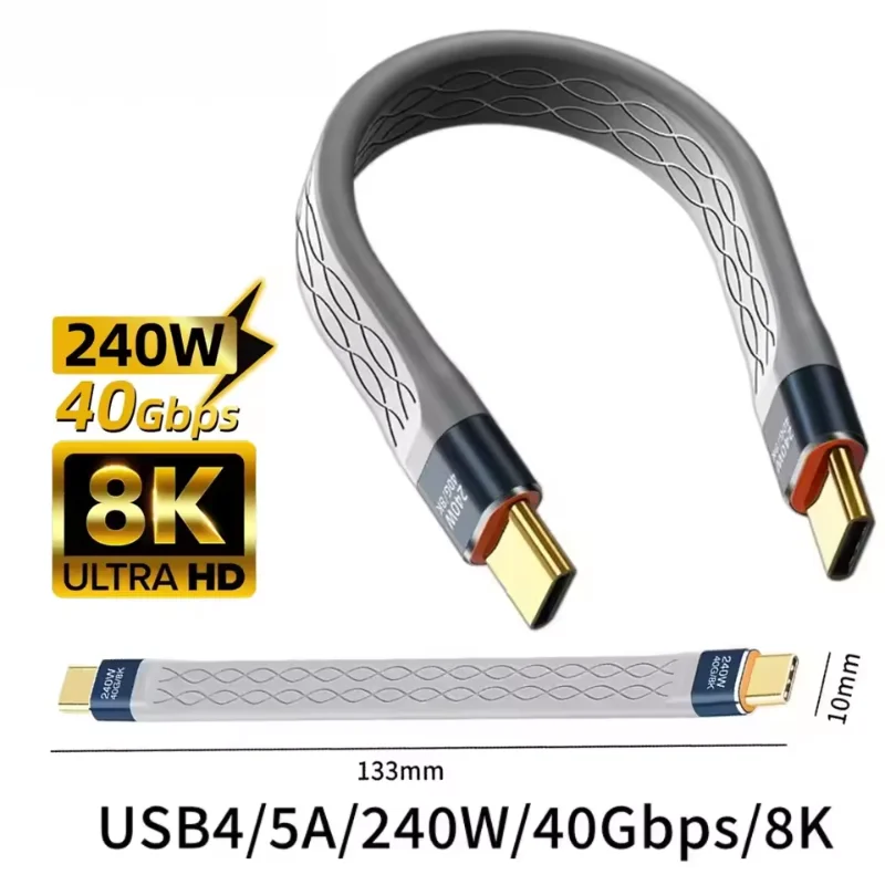 

240W 40GB Short USB C to USB C Cable Fast Charging Type C Cord 40Gbps Data Transfer 8K Flat Slim FPC Data Charge Extension Cable