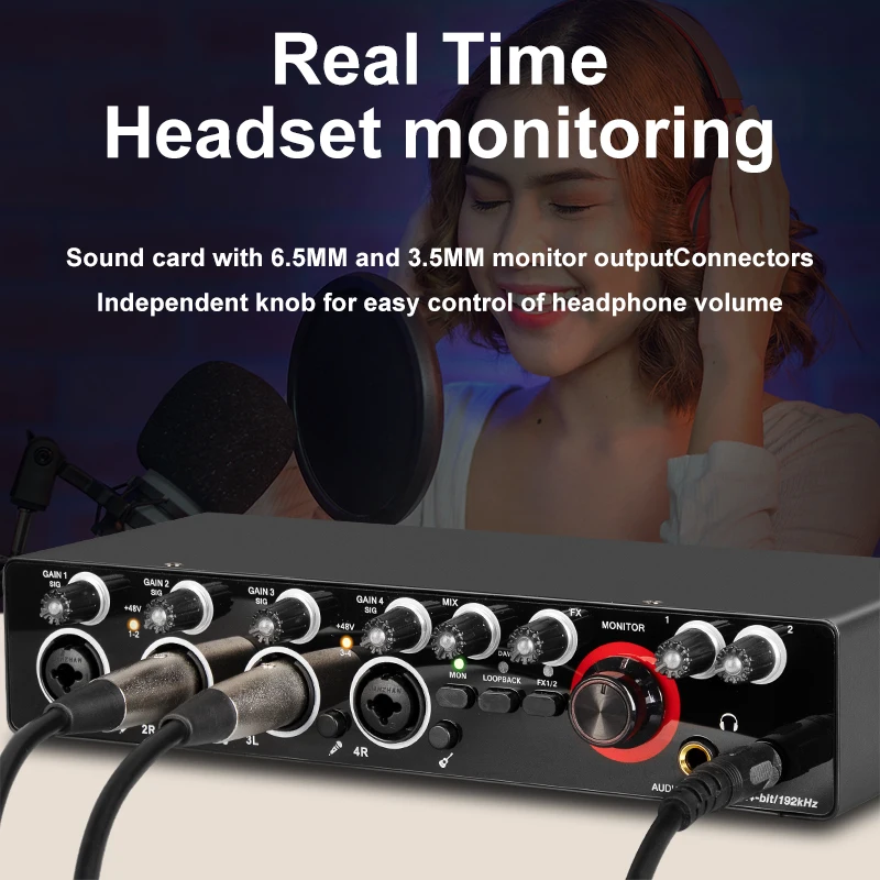 Studio Recording Microphone USB External 48V MD44 24Bit 192KHz Audio Interface 4 Input Output Sound Card Mixer