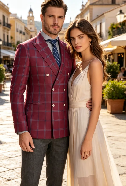 Customized European style Business Men Suits Plaid Male Blazers Double Blazers Groom Tuxedos 2 Pieces Sets Slim Fit  Ropa Hombre
