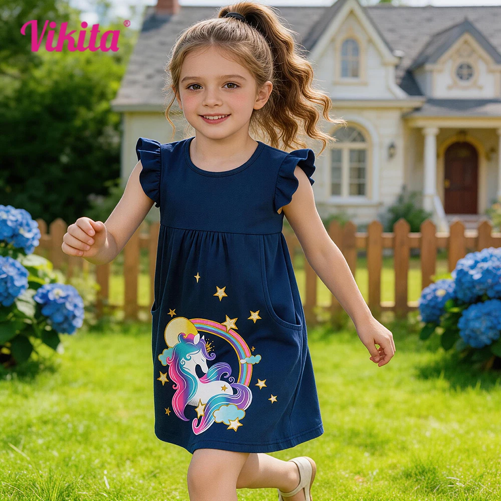 VIKITA Girls Flare Sleeve Summer Dress Kids Navy Blue Cotton Casual Colorful Licorne Print Straight Daily Dresses with Pockets