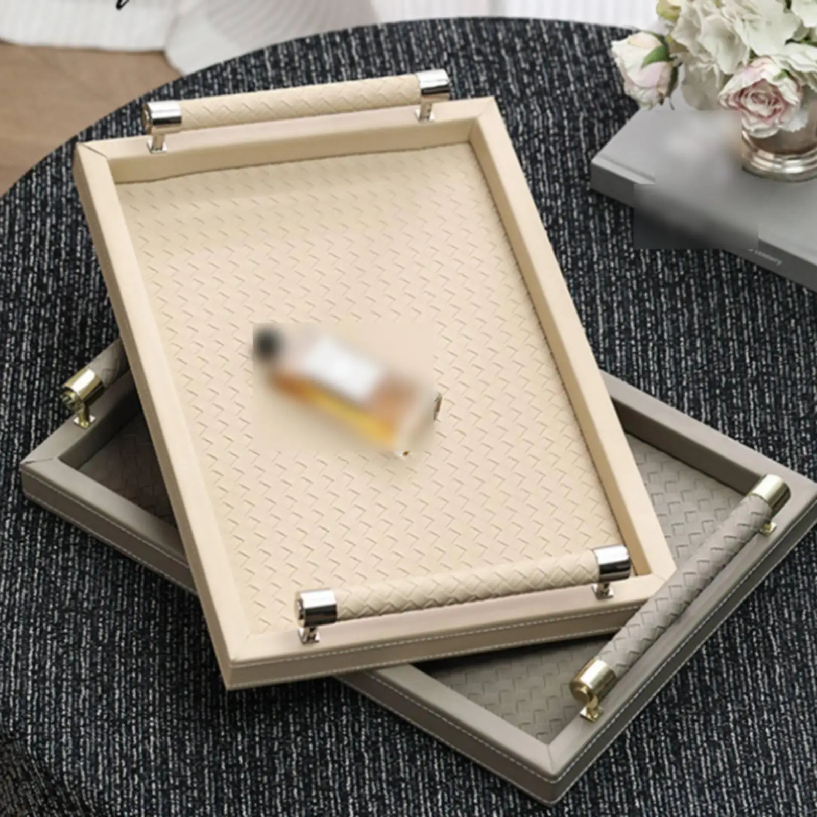 Rectangular Tray with Handles PU Leather Tableware Long-Lasting