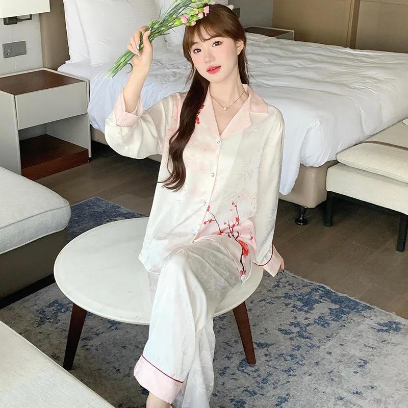 

Pajama Women's Spring and Autumn Printed Chinese Style Long Sleeved Pants Summer Ice Silk Flip Collar Thin Home Clothing Set