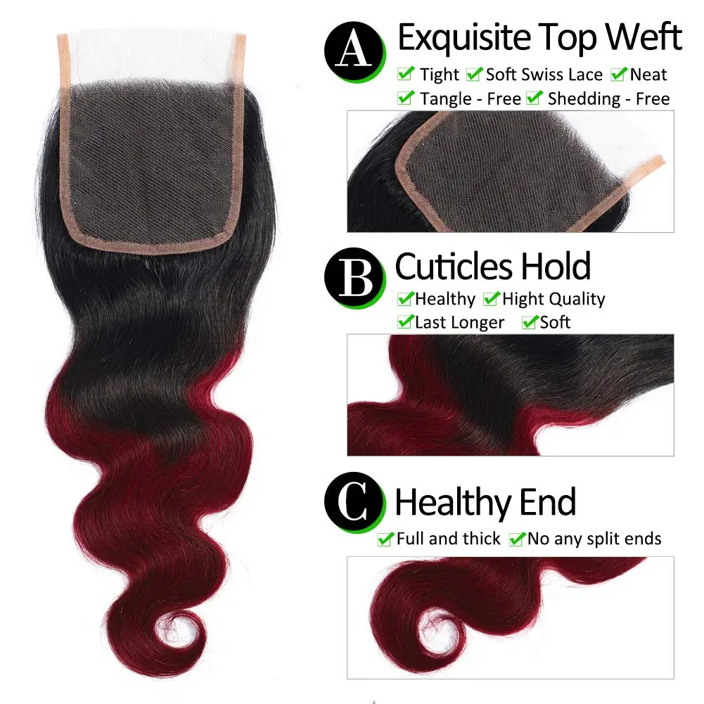 10A Ombre ciało faluje ludzki włos 1B/350 włosy typu Body Wave splot wiązki z czołowym wiązki ludzkich włosów 1B/99J z zamknięciem włosów Remy