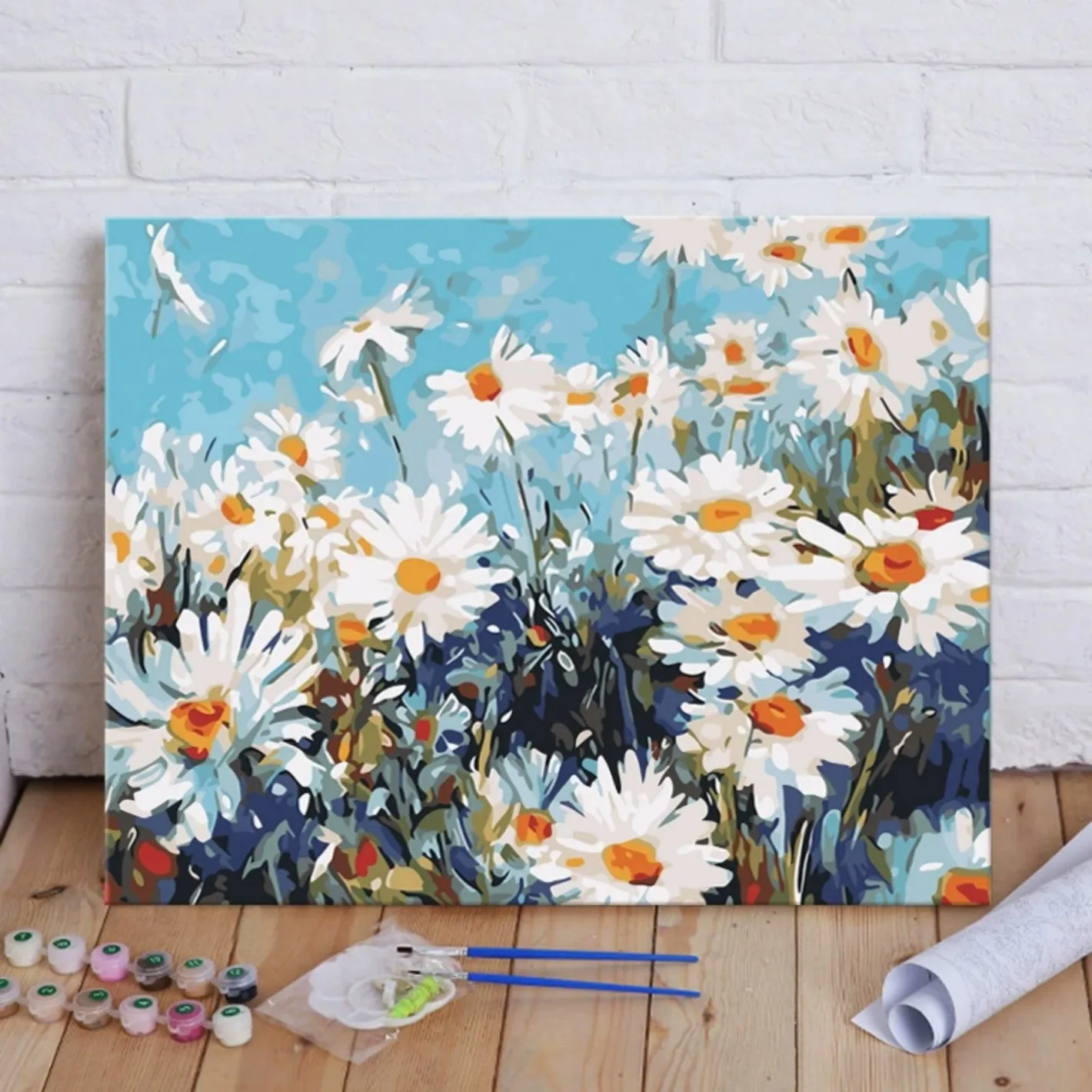 300033-Wild Daisy Flower Field Blue Sky Paint by Numbers Fresh Landscape Wall Art