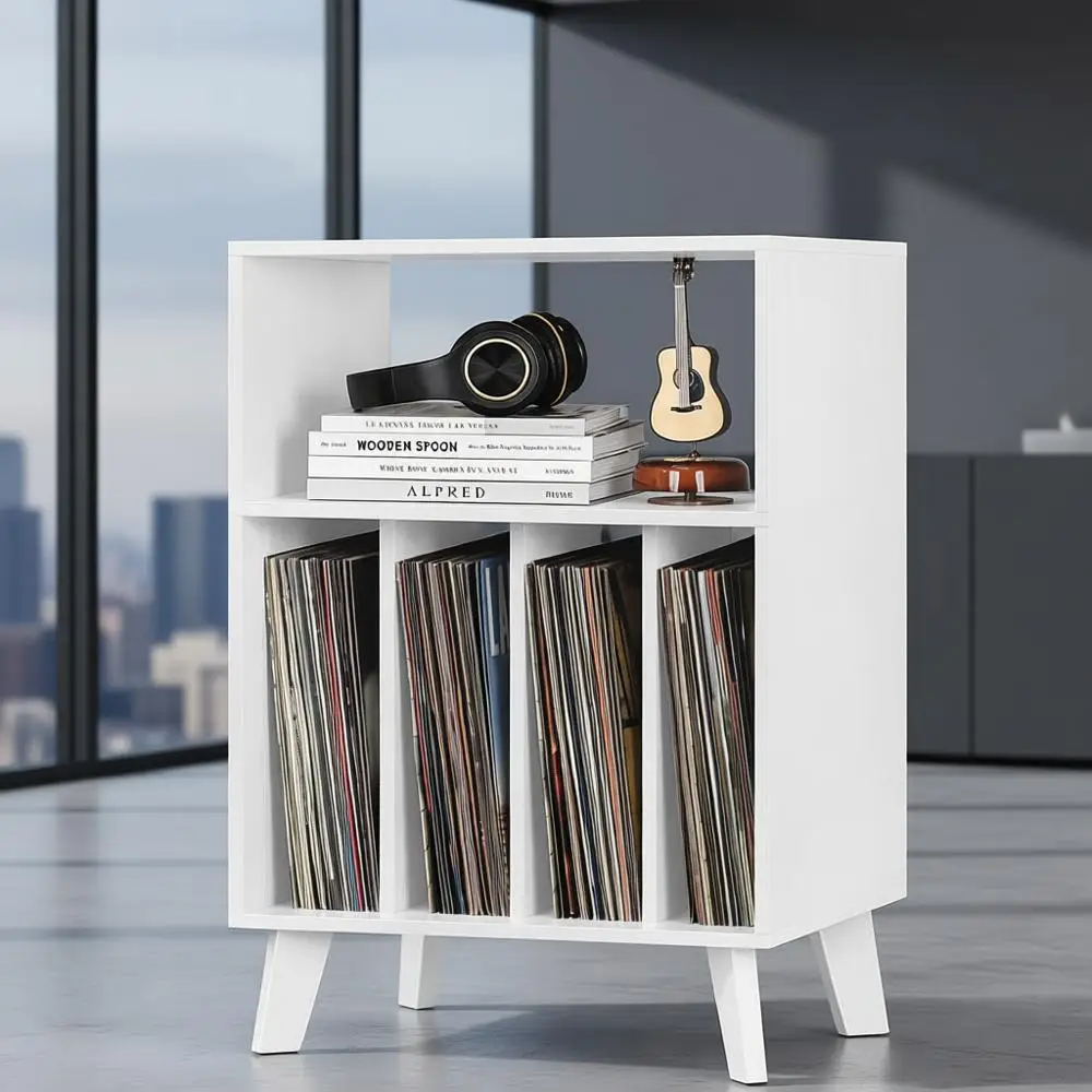 

Mid-Century Style Vinyl Storage Cabinet with Display Shelf for Record Player, Holds 160 Albums