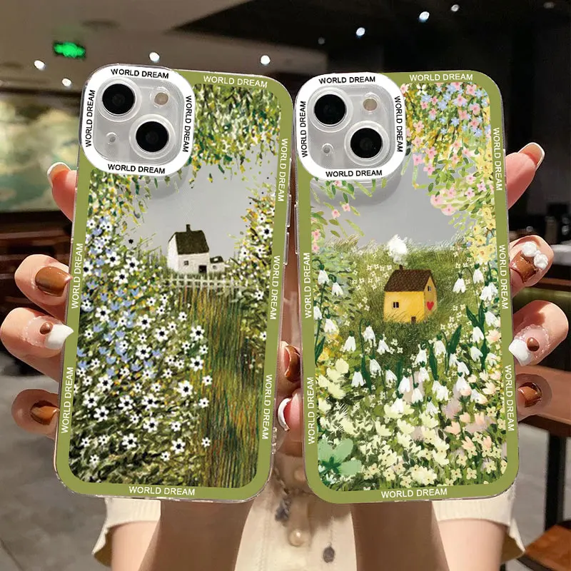 Retro Rural Scenery Painted Clear Phone Case For iphone 15 11 14 12 13 Pro Max X XR 7 8 Plus Large Flower Fields Log Cabin Cover