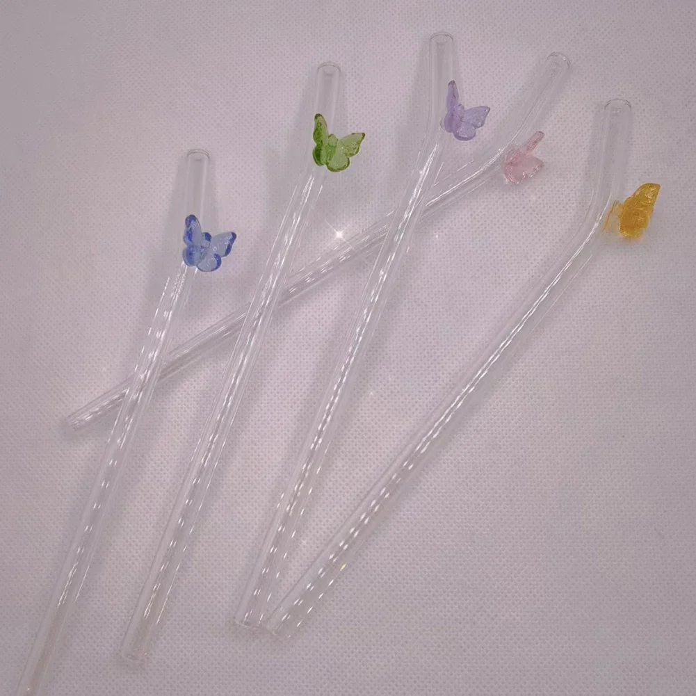 New Reusable Glass Straws with Butterfly Eco Friendly Drinking Straws with Clean Brush for Smoothies Cocktails Bar