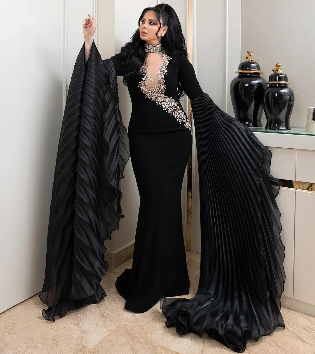 Vestidos De Noche De sirena negros De Arabia Saudita, Jersey personalizado con cuello alto y cuentas, Vestido De graduación De manga larga