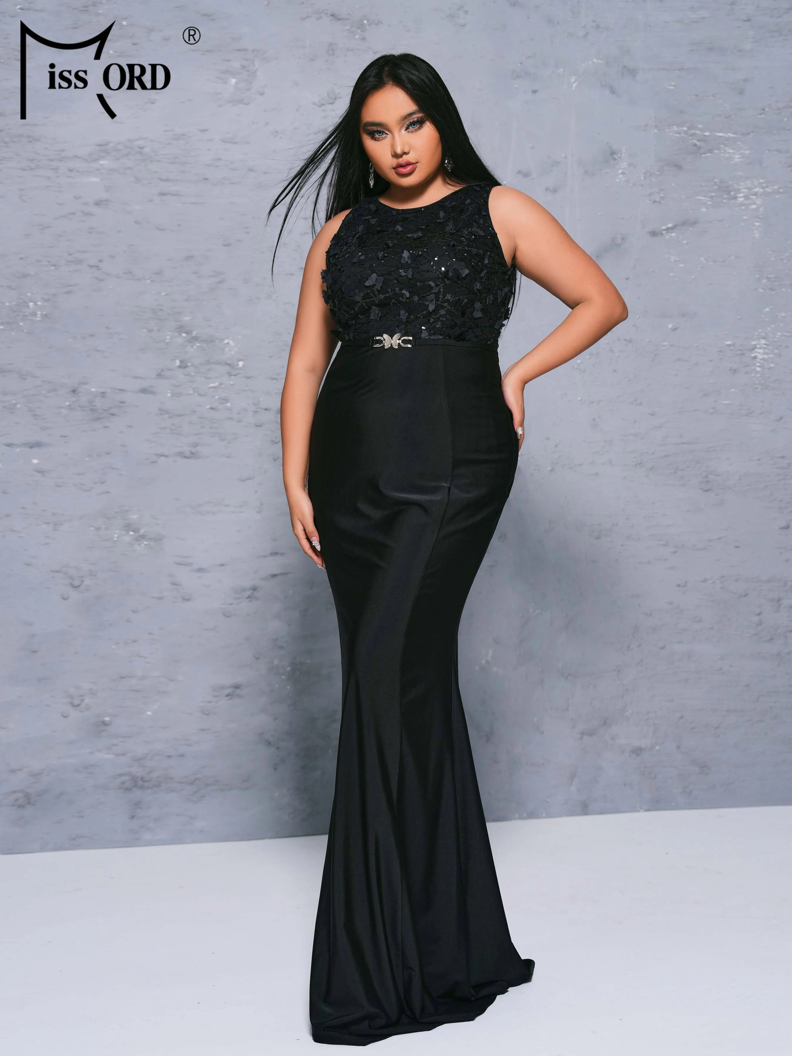 Missord Plus Size Round Neck Sleeveless Panel Black Mermaid Evening Large Evening Formal Occasion Dresses