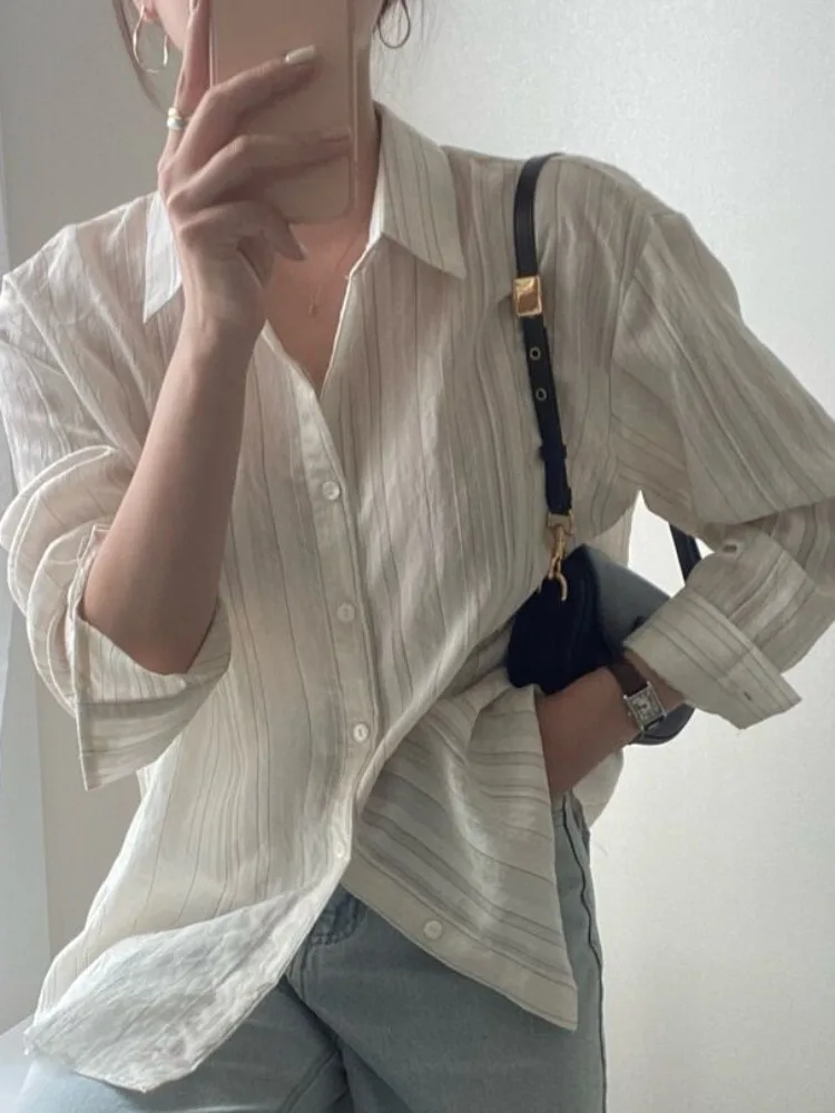 Ele Slimming Long Sve irt Chic Single Button Fem Top Faionable Busin Casual Wear for Young Women