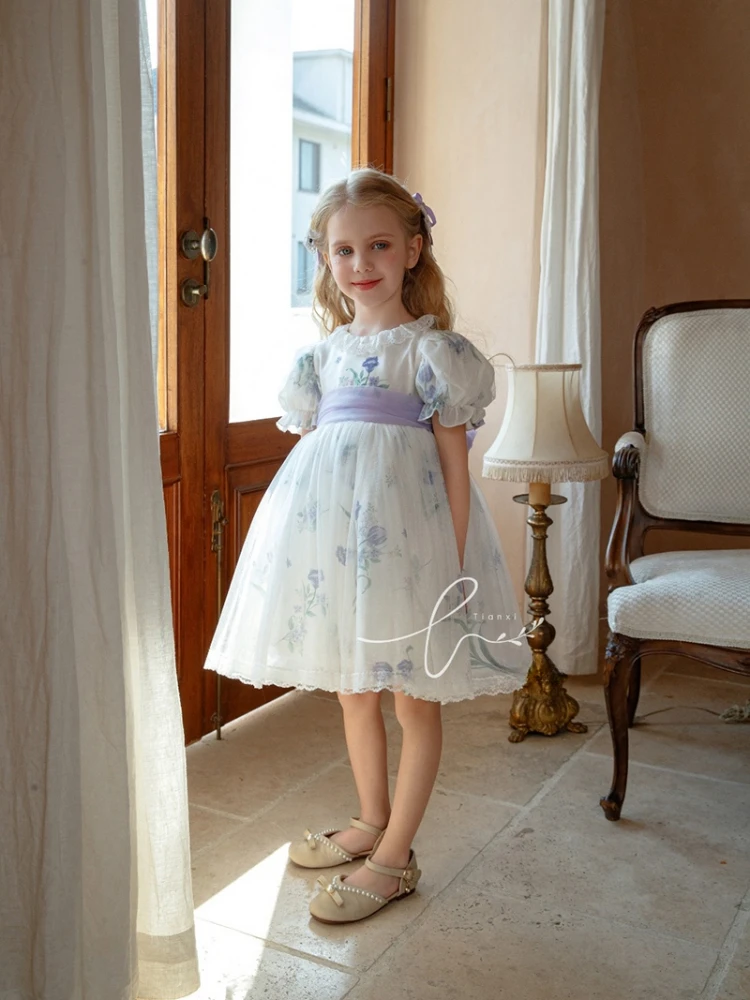 Summer New Flower Girls Princess Dress Chiffon Flower Mesh Bubble Sleeve Dress Spanish Kids Handmade Boutique Dress