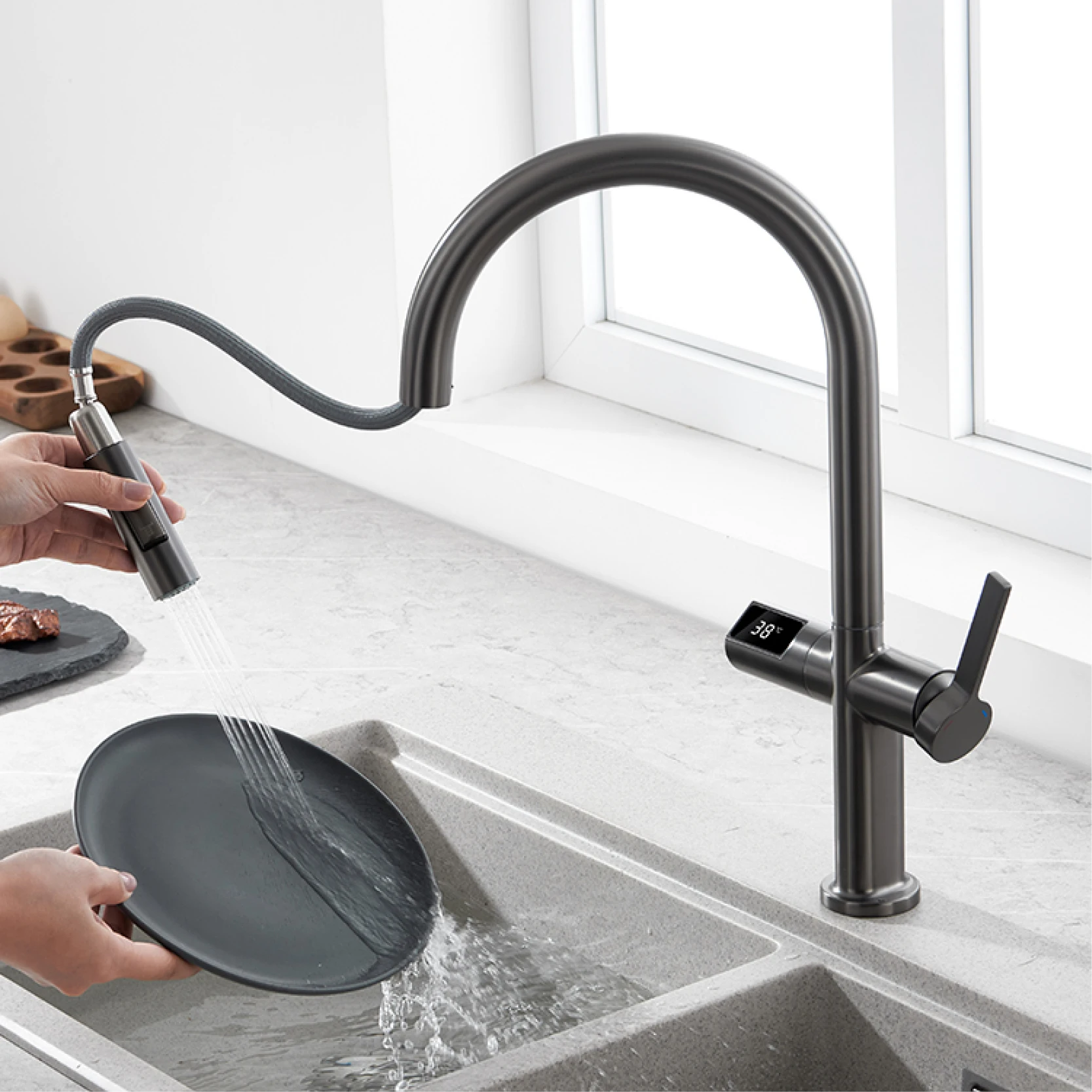 Luxury Gun Gray Brass Kitchen Faucet, Led Digital Sensing, Single Handle Hot Cold Water, Pull Out Two Function Sink Tap