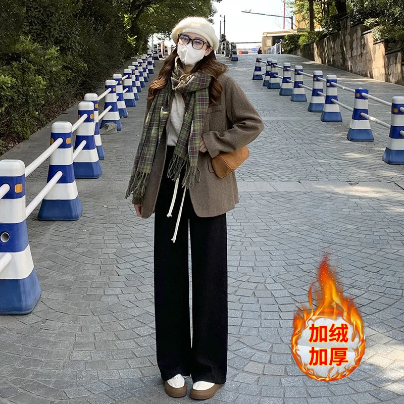 بنطال محبوك للنساء في الخريف والشتاء مع مخمل سميك وبنطال كاجوال عالي الخصر بأرجل مستقيمة وواسعة الساق #5